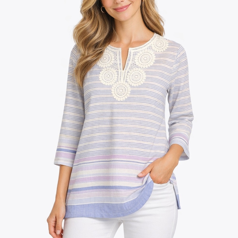 Alfred Dunner Pastel Striped Tunic with Lace Accent
